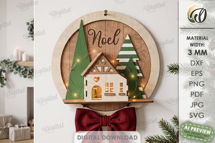 Wall Round Sign with 3D House Laser Cut. Christmas SVG example image 1