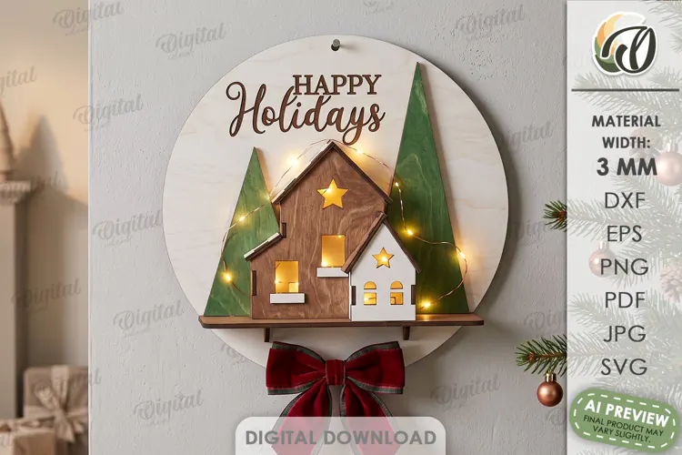 Christmas Village Round Sign Laser Cut. Wall Decor SVG