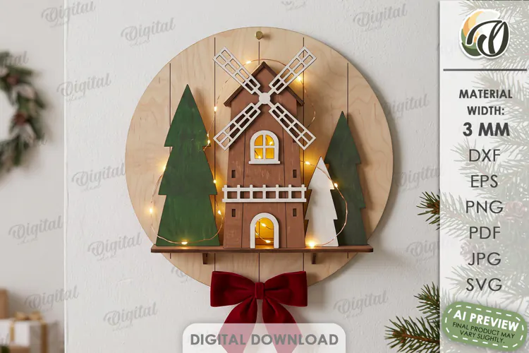 Christmas Windmill Round Sign Laser Cut. Wall Decor SVG