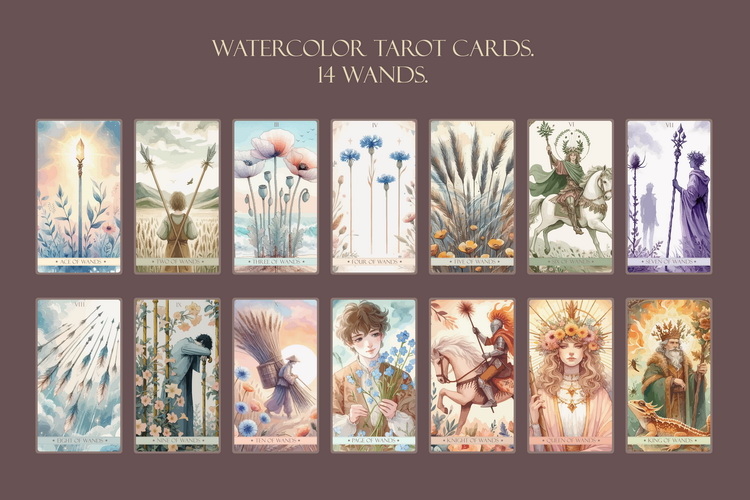 Watercolor 14 Tarot Card Suit of Wands Minor Arcana Bundle.