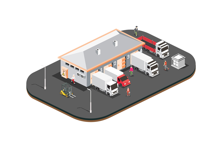 Isometric robotic arm loading cardboard boxes onto.