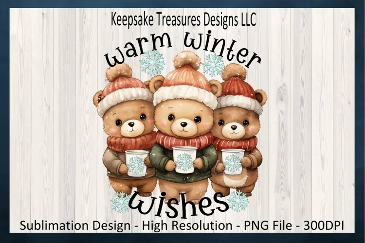 Warm Winter Wishes Teddy Bear Illustration, Sublimation PNG