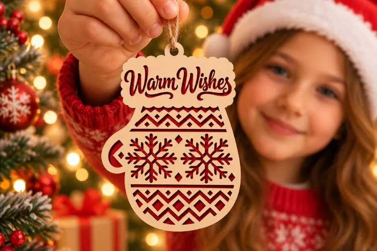 Warm Wishes Mitten Laser Cut Wood File, Christmas SVG