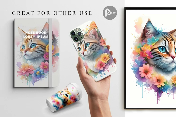 Wartercolor Cat and Flower | Digital Paper