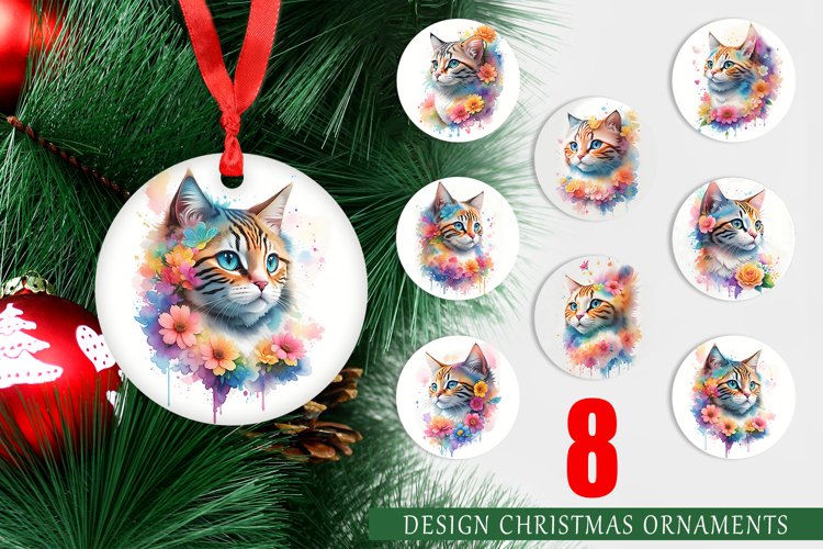 Wartercolor Cat Flower Christmas Ornaments