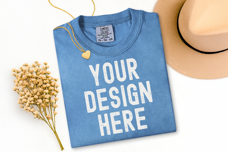 Comfort Colors C1717 Washed Denim Shirt Mockup, Flat Lay