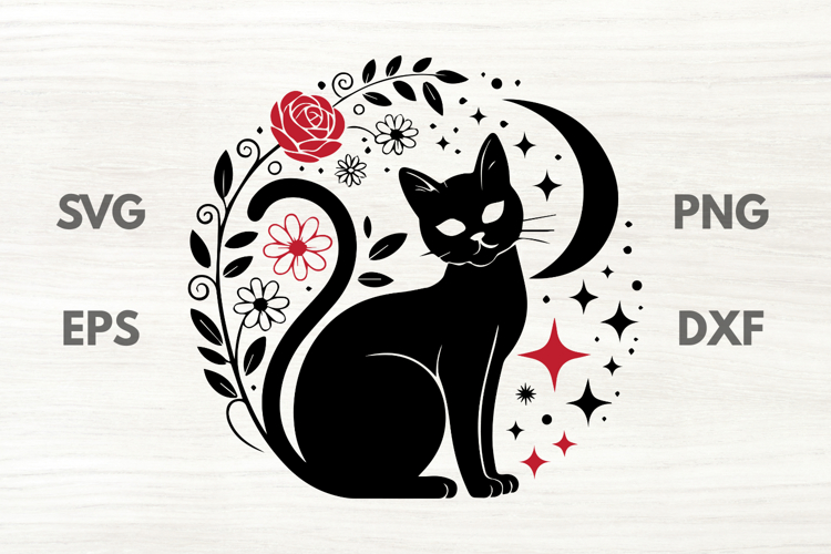 Witchy Black Cat Moon and Floral Bouquet SVG