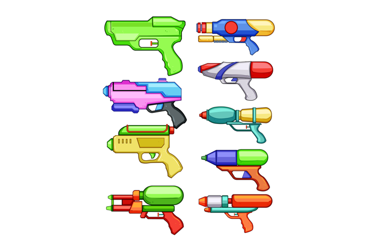 Collection of colorful water toy guns for summer play