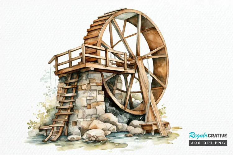 Water Wheel Watercolor PNG Clipart