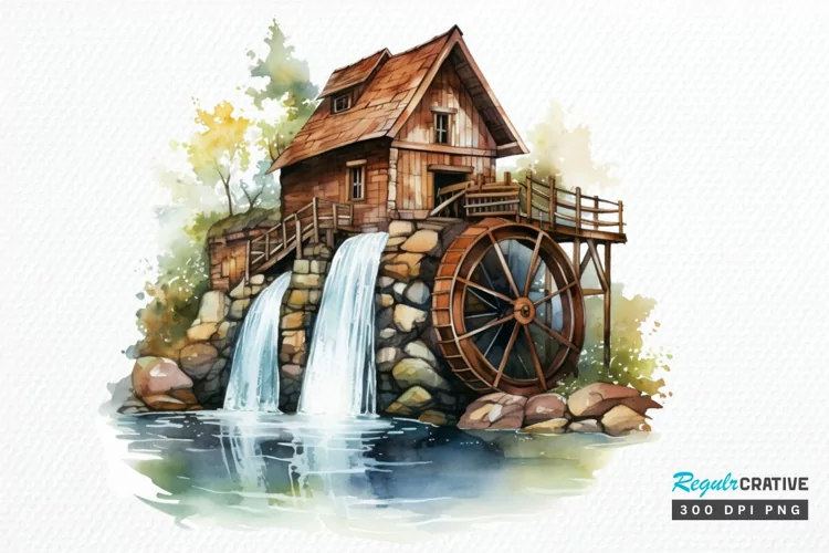 Water Wheel Watercolor PNG Clipart