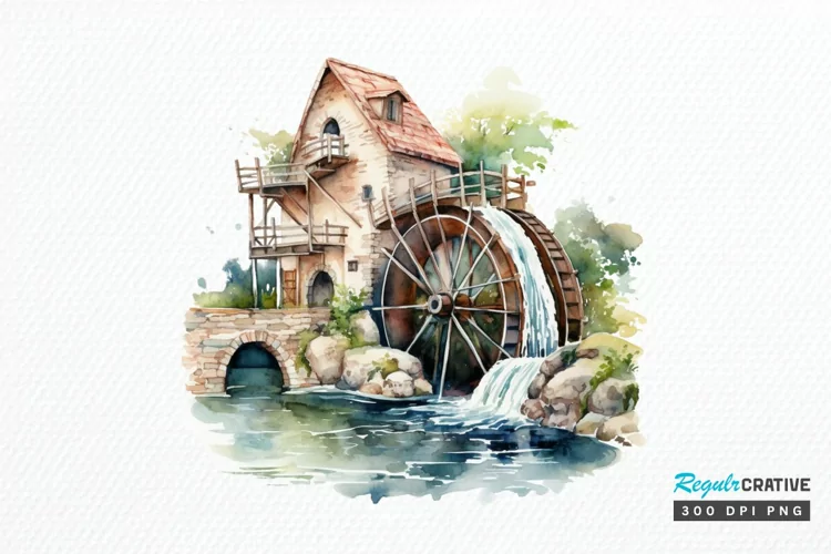 Water Wheel Watercolor PNG Clipart