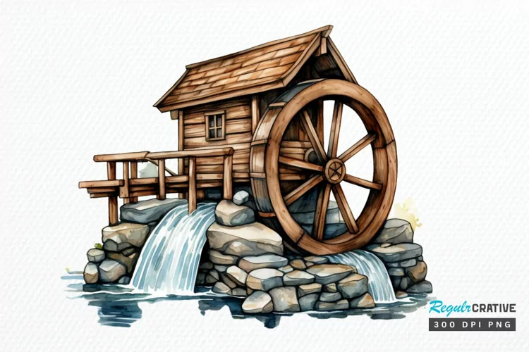 Water Wheel Watercolor PNG Clipart
