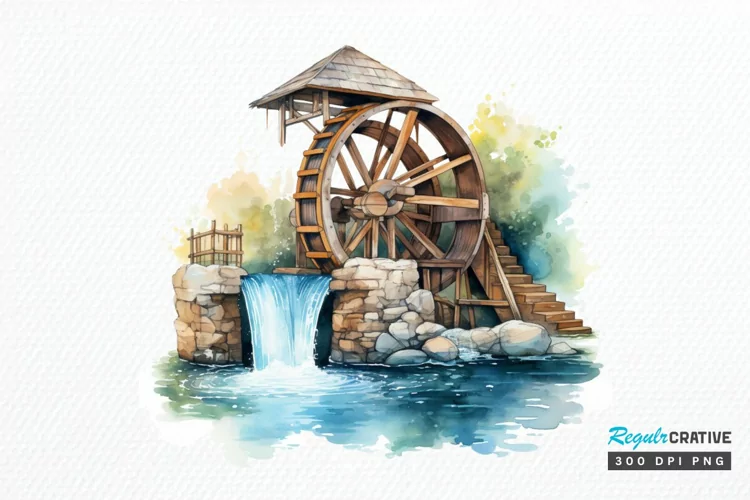 Water Wheel Watercolor PNG Clipart