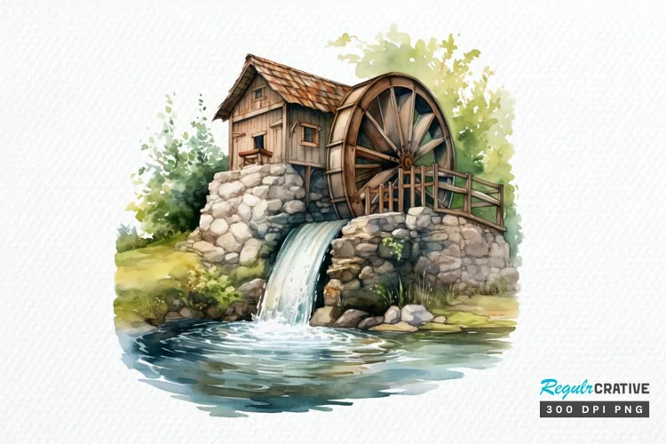 Water Wheel Watercolor PNG Clipart