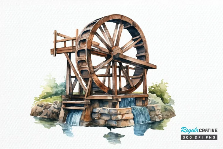 Water Wheel Watercolor PNG Clipart
