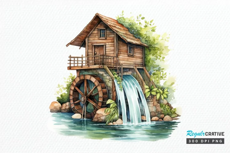 Water Wheel Watercolor PNG Clipart