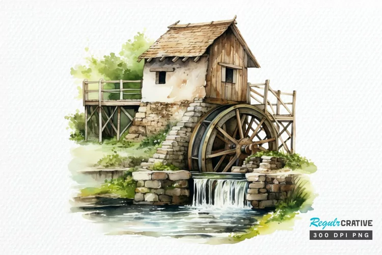 Water Wheel Watercolor PNG Clipart