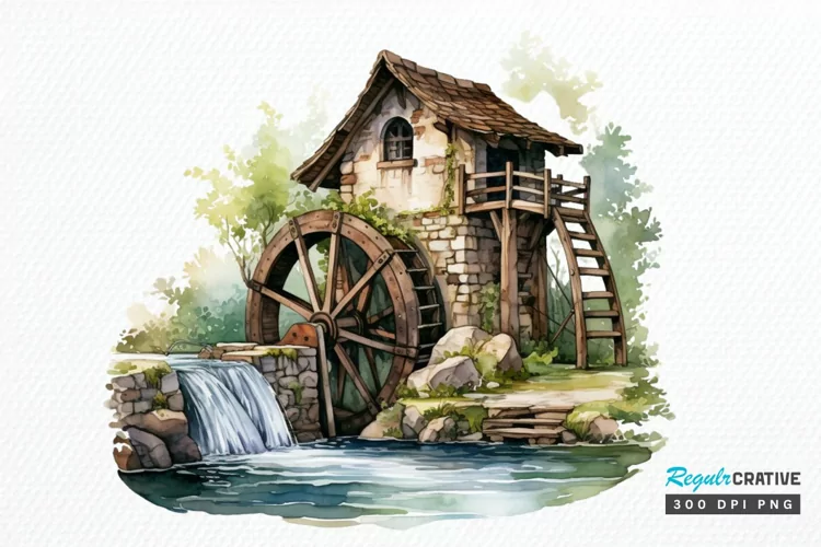 Water Wheel Watercolor PNG Clipart