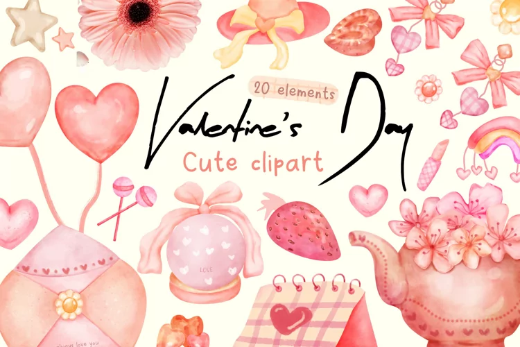 Cute valentines day watercolor clipart PNG