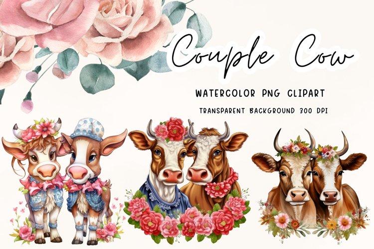 Couple Cow Sublimation Watercolor Clipart Png
