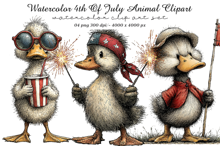 Watercolor 4th Of July Animal Clipart