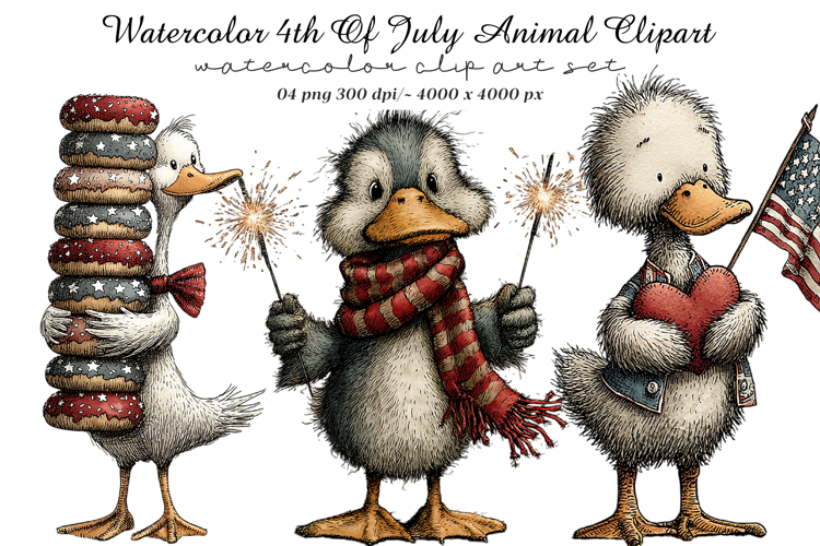Watercolor 4th Of July Animal Clipart