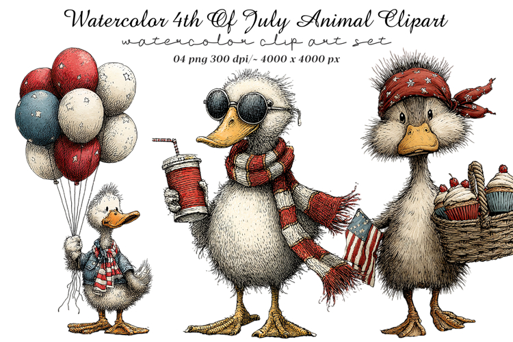 Watercolor 4th Of July Animal Clipart