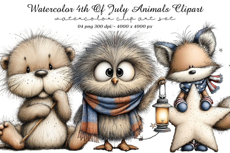 Watercolor 4th Of July Animals Clipart