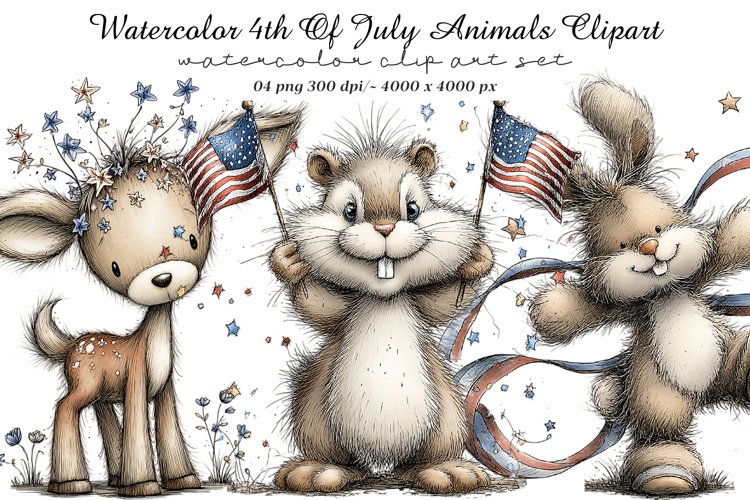 Watercolor 4th Of July Animals Clipart