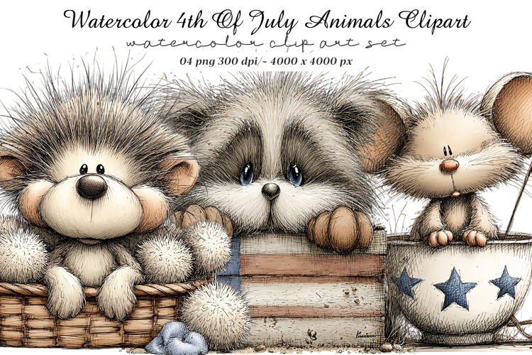 Watercolor 4th Of July Animals Clipart