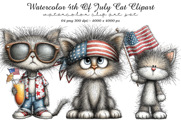 Watercolor 4th Of July Cats Clipart