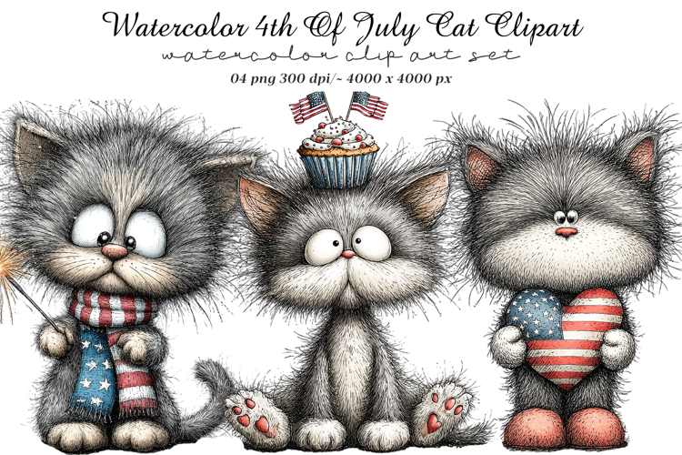 Watercolor 4th Of July Cats Clipart