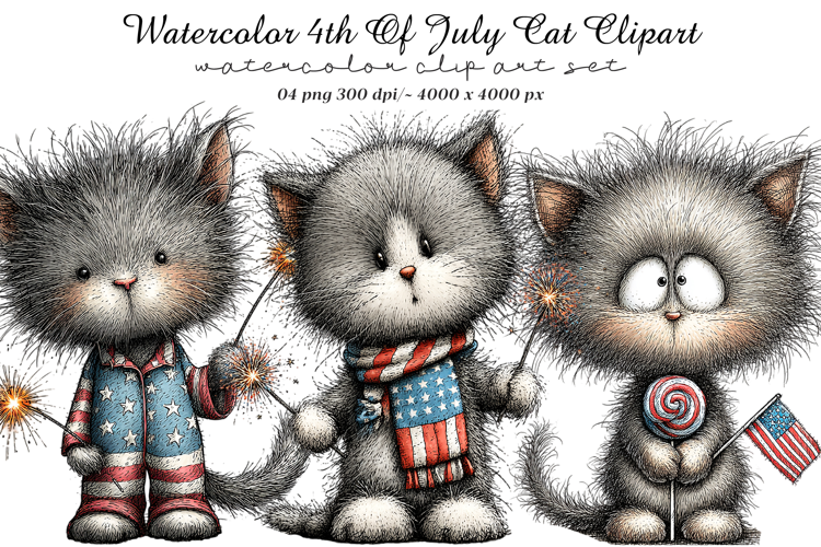 Watercolor 4th Of July Cats Clipart