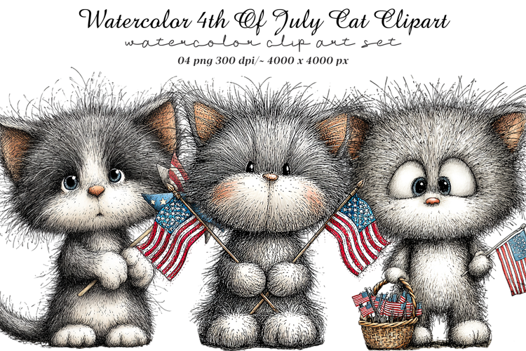 Watercolor 4th Of July Cats Clipart