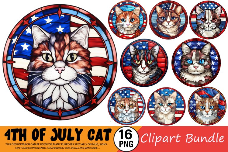 Watercolor 4th Of July Cat Clipart Bundle example image 1