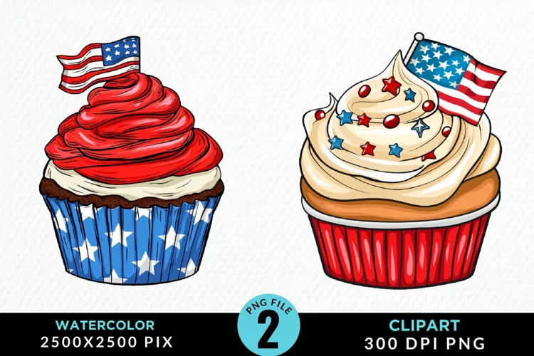 Watercolor 4th Of July Cupcakes Exquisite Clipart