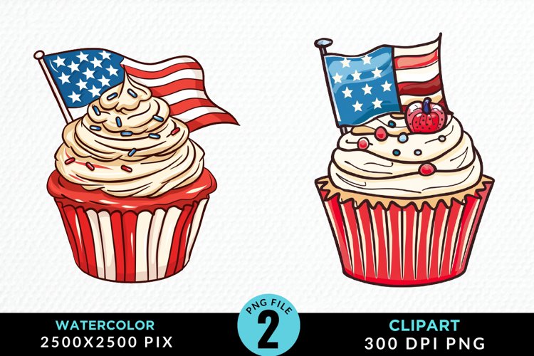 Watercolor 4th Of July Cupcakes Exquisite Clipart example image 1
