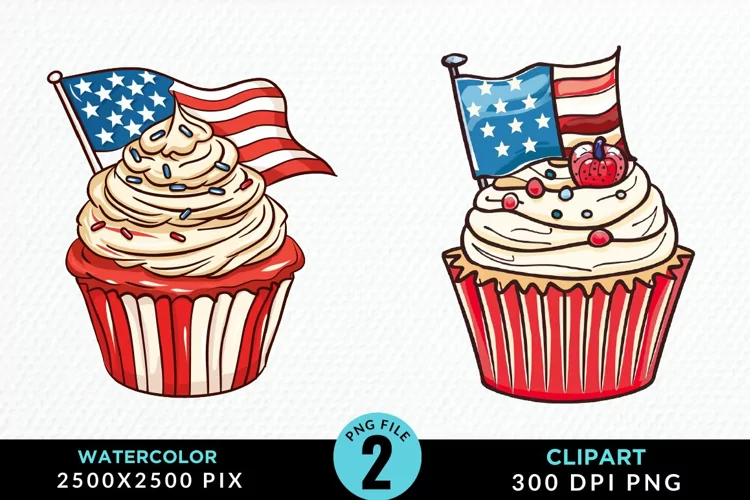 Watercolor 4th Of July Cupcakes Exquisite Clipart