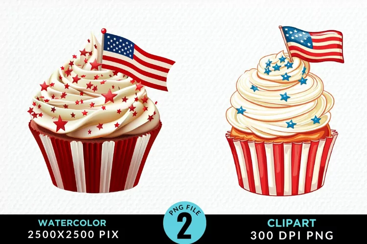 Watercolor 4th Of July Cupcakes Exquisite Clipart