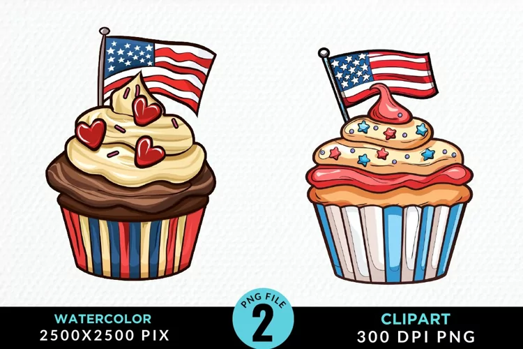 Watercolor 4th Of July Cupcakes Exquisite Clipart