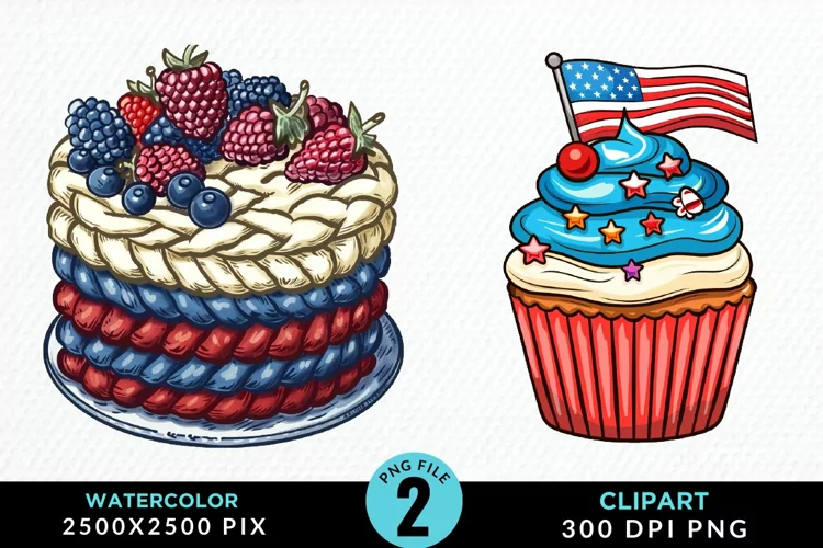 Watercolor 4th Of July Cupcakes Exquisite Clipart