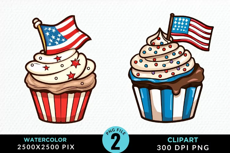Watercolor 4th Of July Cupcakes Exquisite Clipart