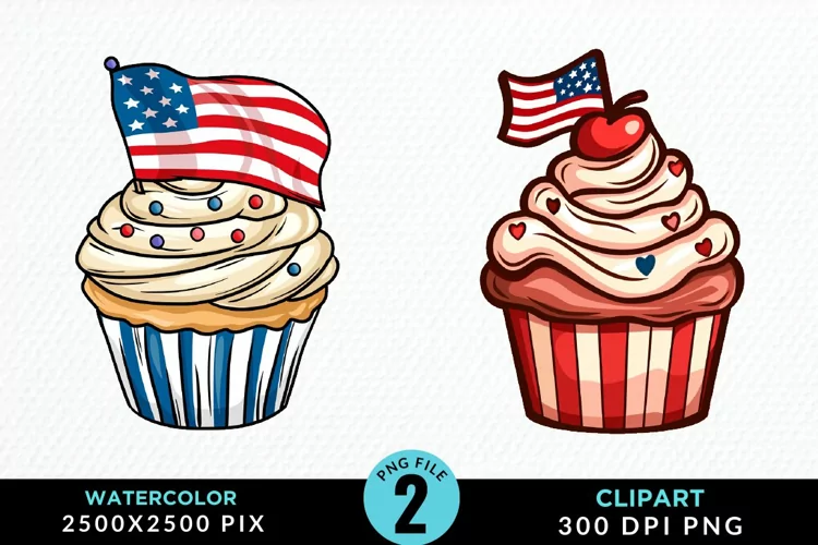 Watercolor 4th Of July Cupcakes Exquisite Clipart