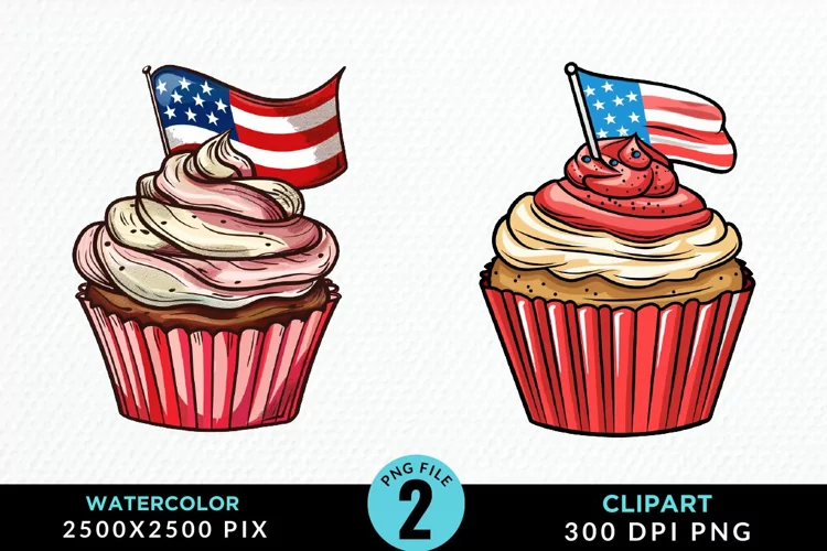 Watercolor 4th Of July Cupcakes Exquisite Clipart