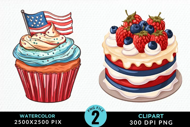 Watercolor 4th Of July Cupcakes Exquisite Clipart