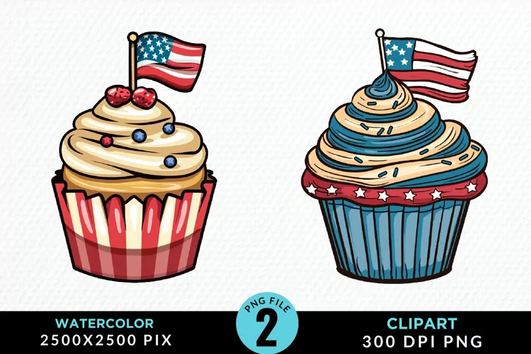 Watercolor 4th Of July Cupcakes Artwork Clipart