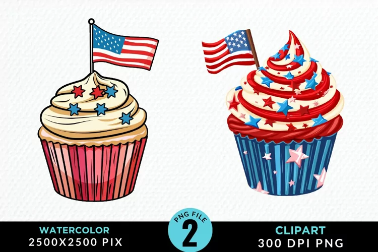 Watercolor 4th Of July Cupcakes Artwork Clipart