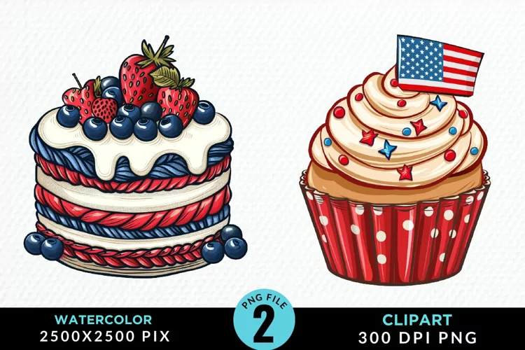 Watercolor 4th Of July Cupcakes Exquisite Clipart