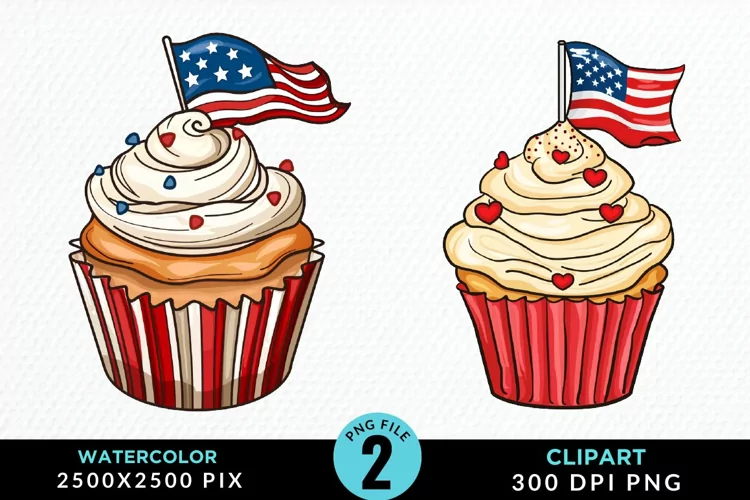 Watercolor 4th Of July Cupcakes Artwork Clipart