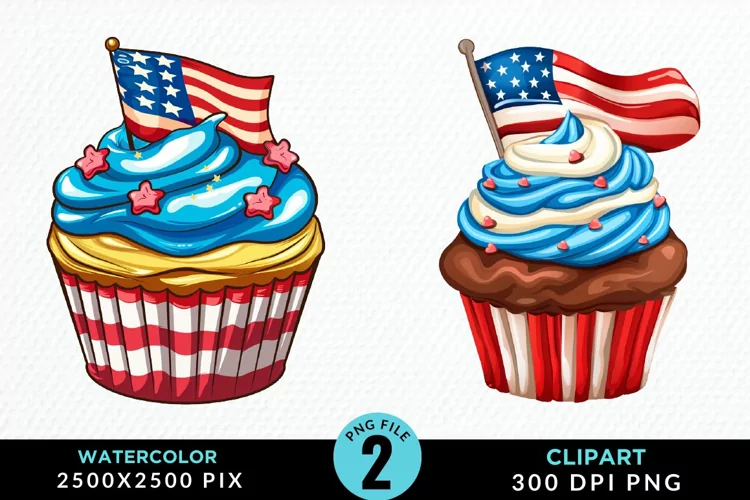 Watercolor 4th Of July Cupcakes Exquisite Clipart